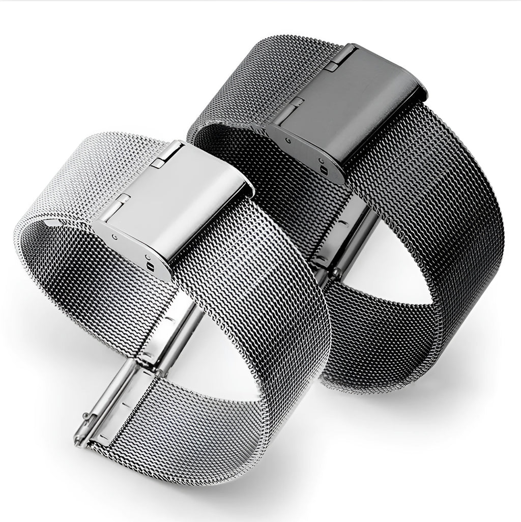 Milani silk woven stainless steel watch band in silver, shown detached, displaying its metallic buckle and woven texture.