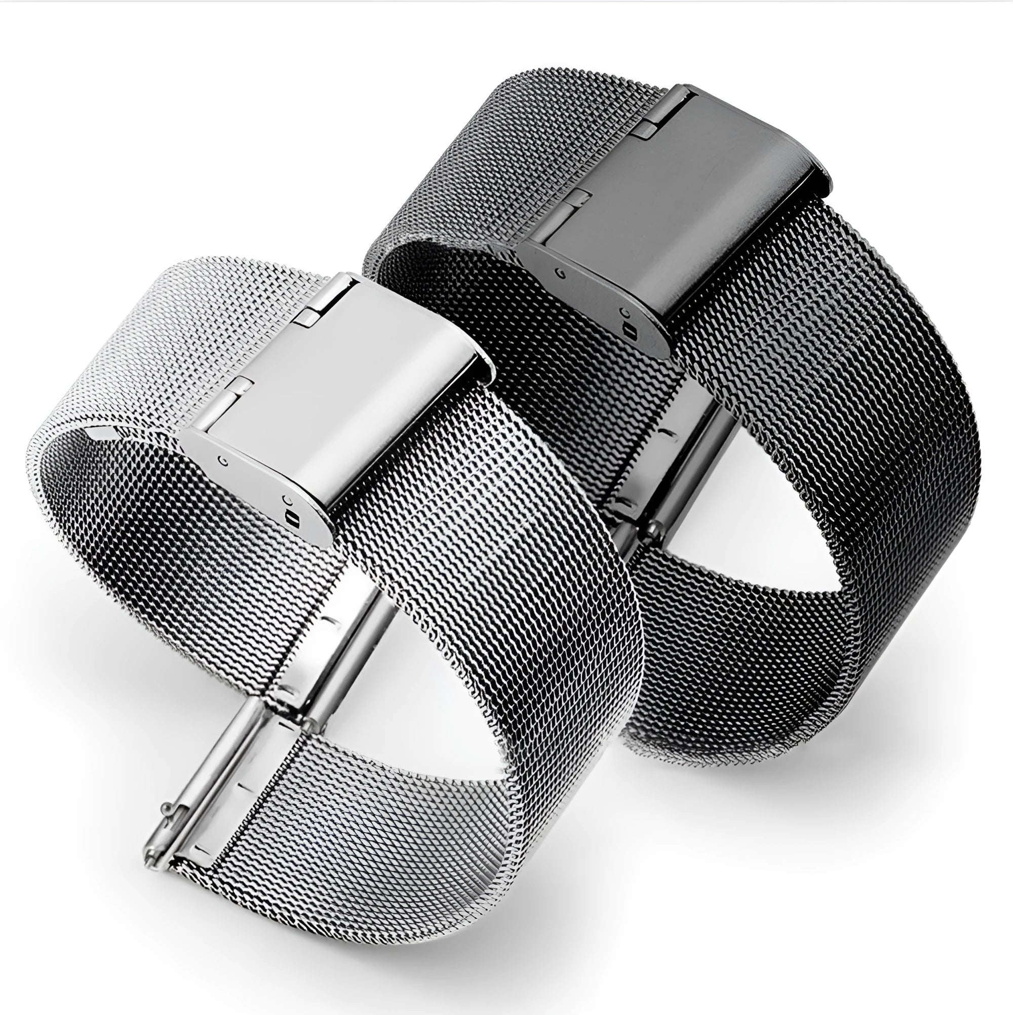 Milani silk woven stainless steel watch band in silver, shown detached, displaying its metallic buckle and woven texture.