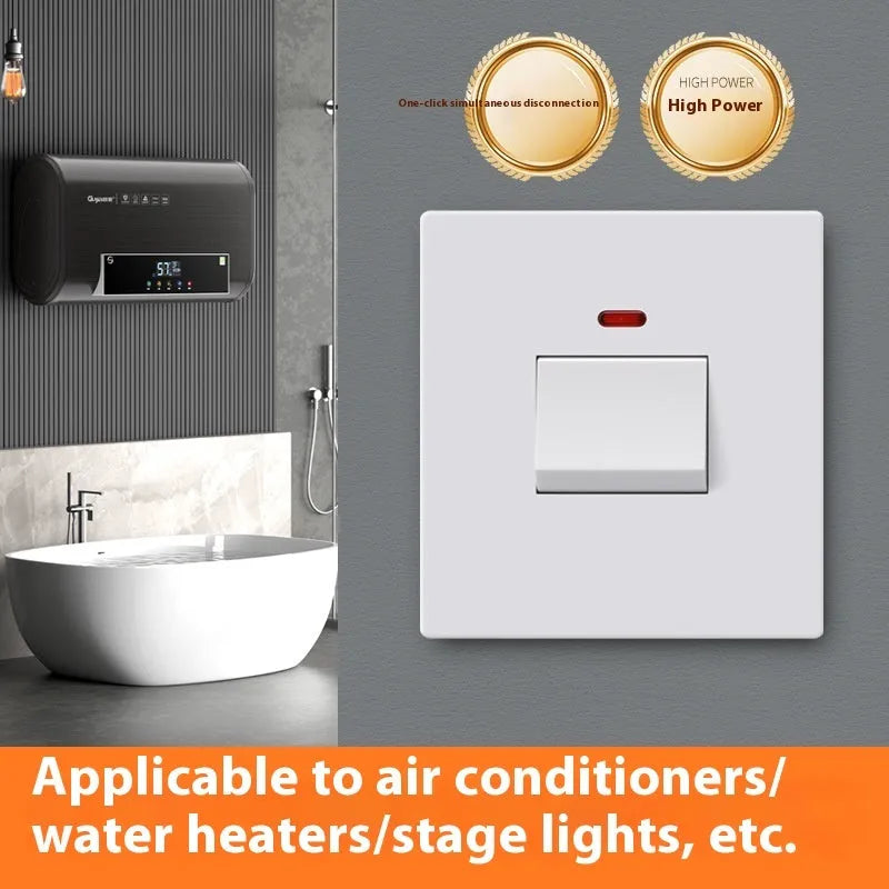 Gold, grey, and white illuminated high-current 3-pole electrical switch for appliances.