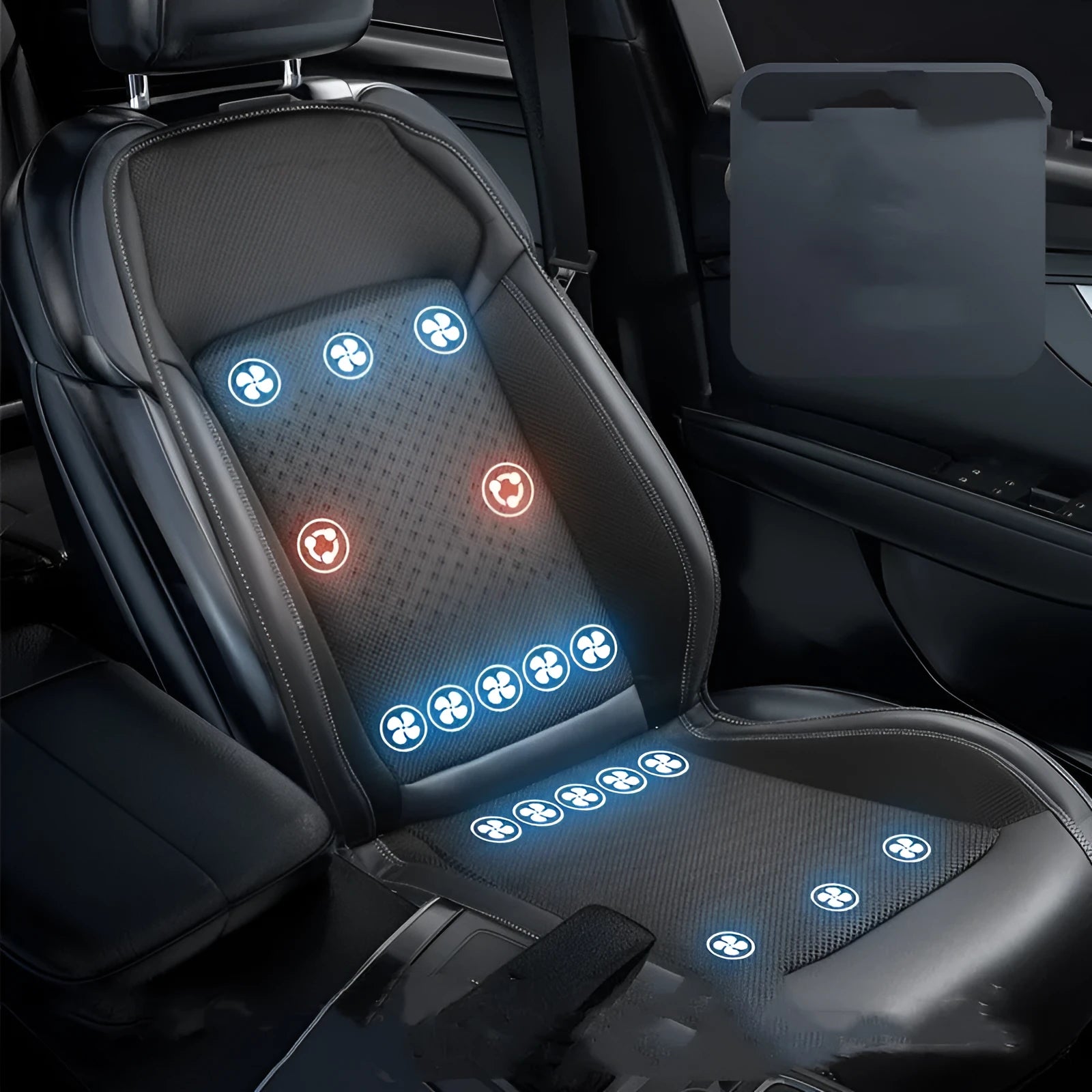 Black car cooling pad with ventilation system connected to vehicle 12V socket