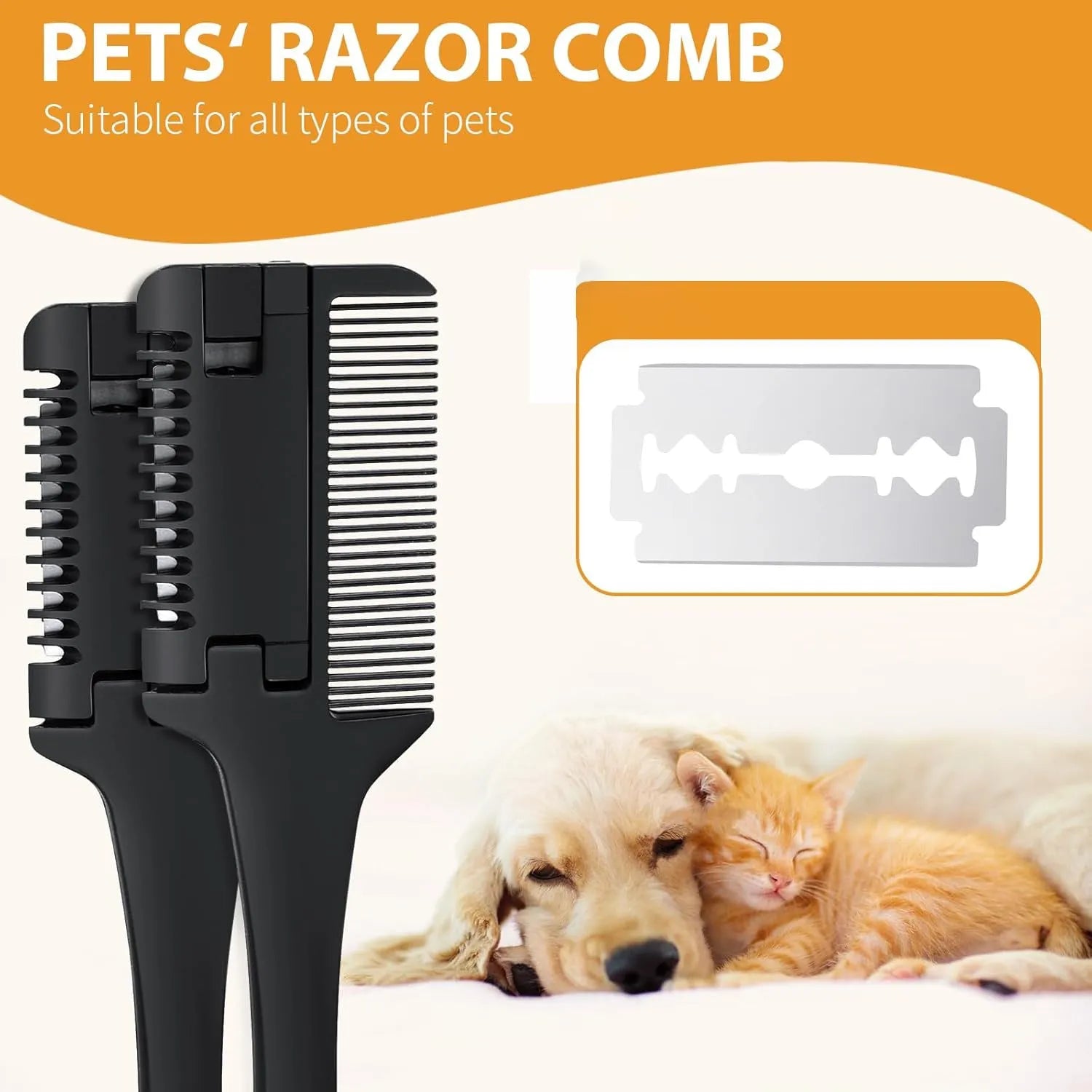 Silver aluminium pet razor comb with comb teeth and trimming blade for dog and cat grooming