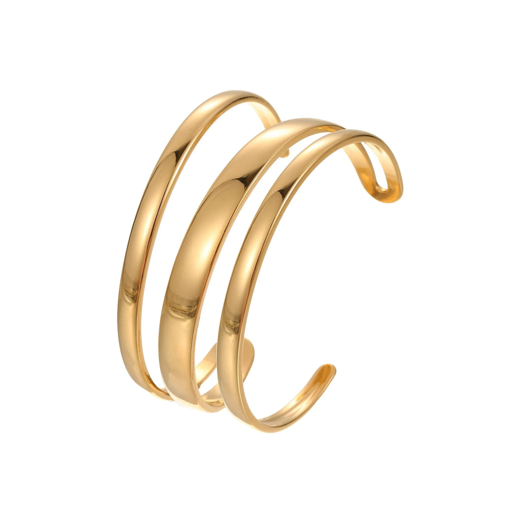 Gold electroplated stainless steel geometric line bracelet for women with a simple clasp.