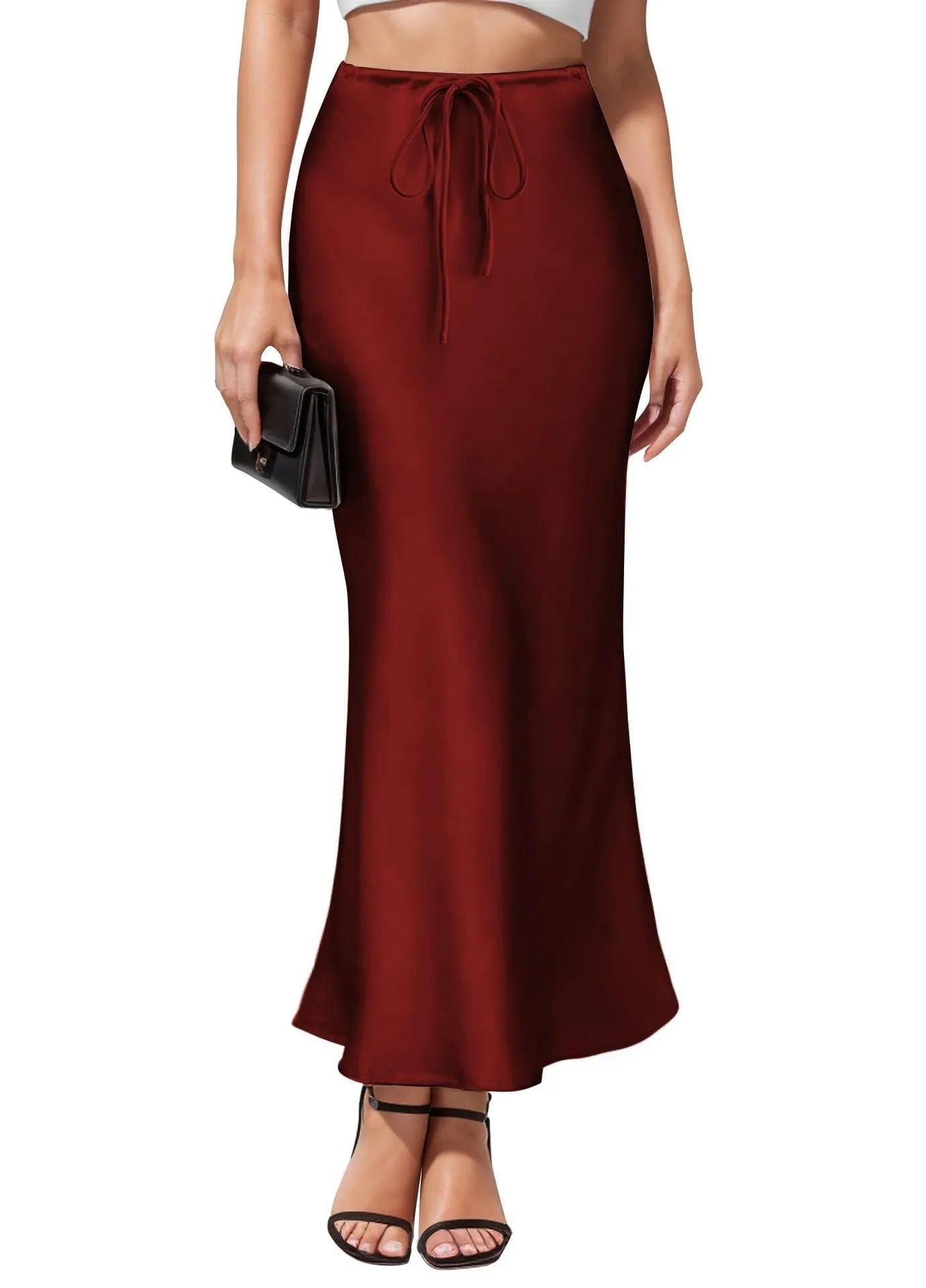 Asymmetric acetate satin skirt with high waist and irregular hemline stitching in six colour options
