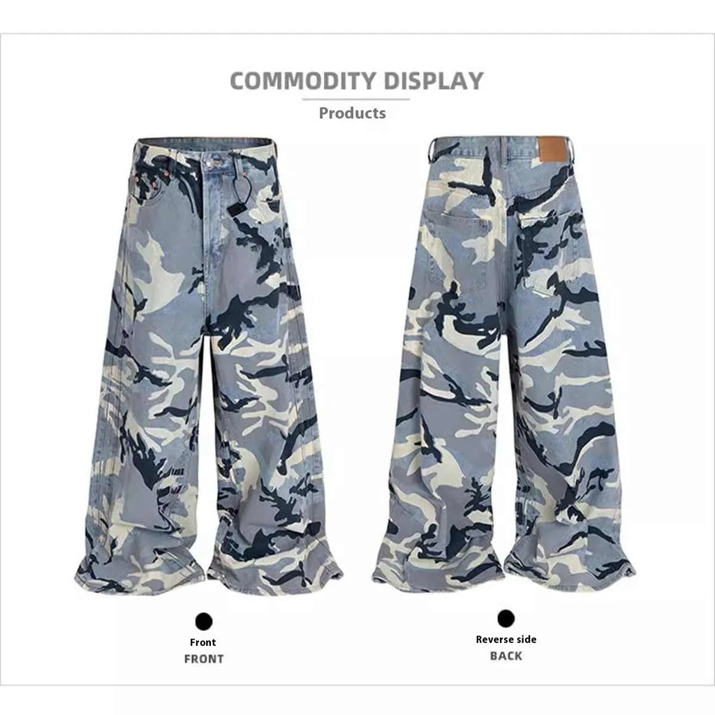 Snow camouflage blue loose fit denim jeans with mid-waist design and elastic fabric
