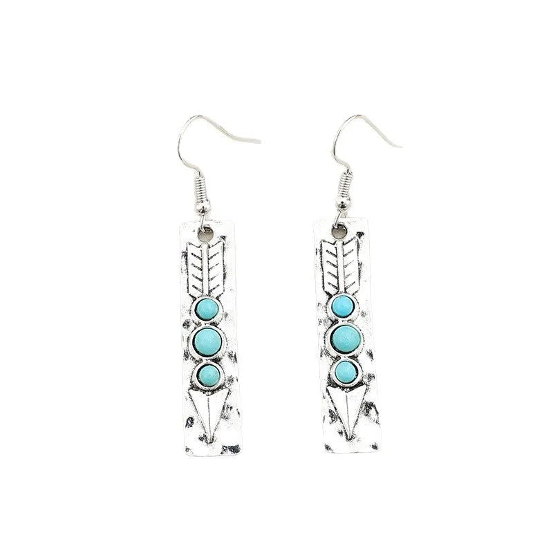 Silver-coloured geometric earrings with turquoise inlay measuring 20-24cm long