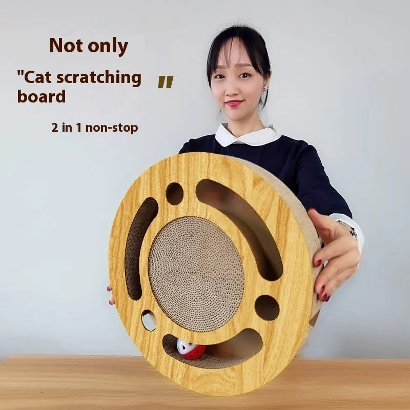 Corrugated paper cat scratch board with round ball toy for claw maintenance