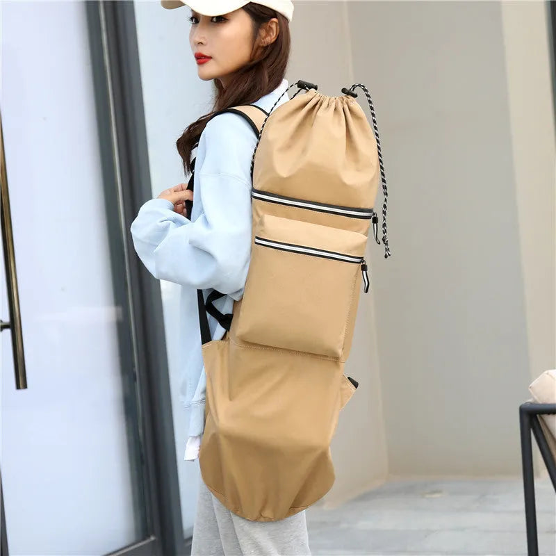 Lightweight waterproof nylon skateboard bag in camouflage colour with skateboard and fishing rod storage