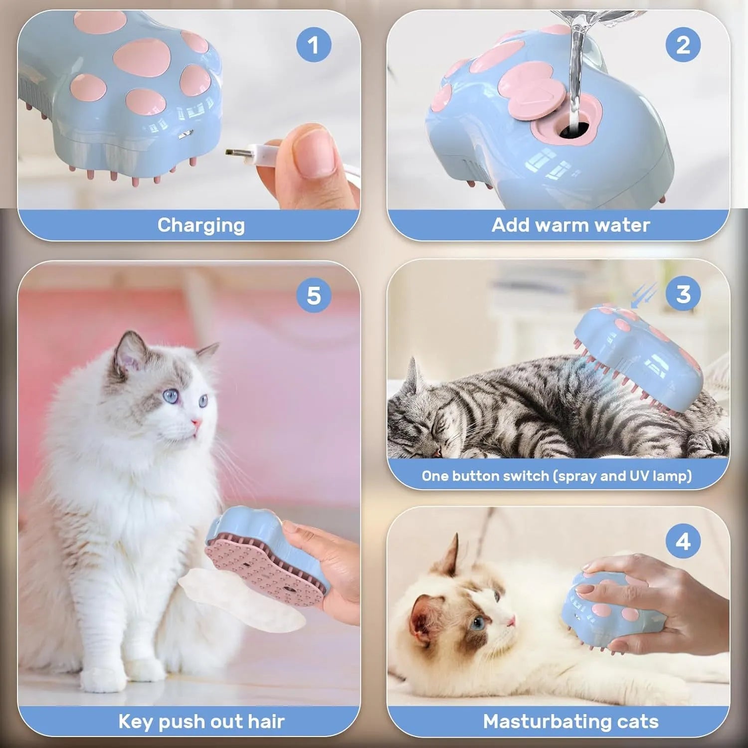 Blue self-cleaning cat steam brush with silicone bristles and a water spray function.