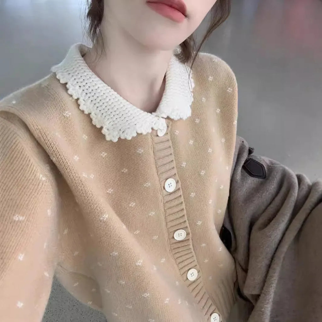 Retro Peter Pan collar floral pattern knitted cardigan coat in poly-cashmere fabric