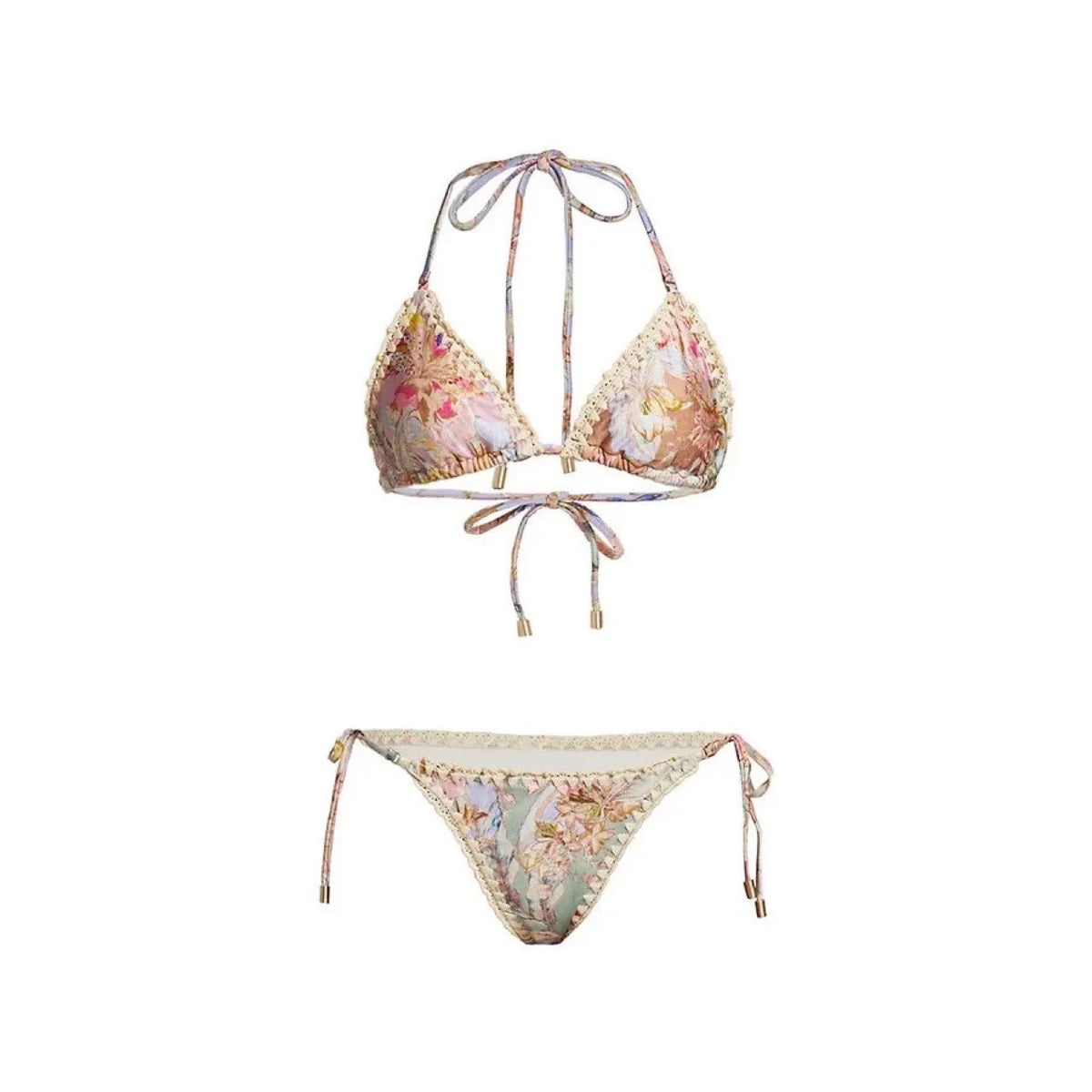 Women's creamy-white floral pattern bikini swimsuit set with top, briefs, and skirt