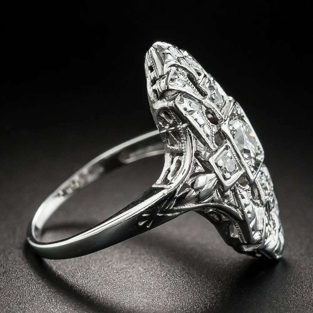 Silver geometric hollow-out ring with diamond studded detailing on copper with electroplated finish
