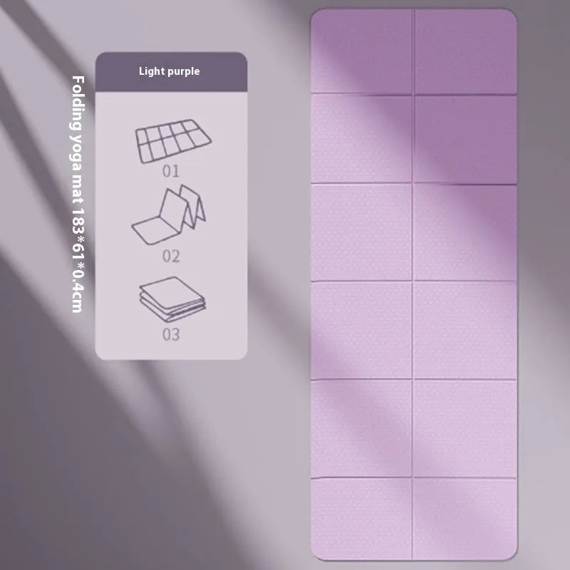 Folding purple TPE gymnastic mat, shown unfolded and folded into six sections