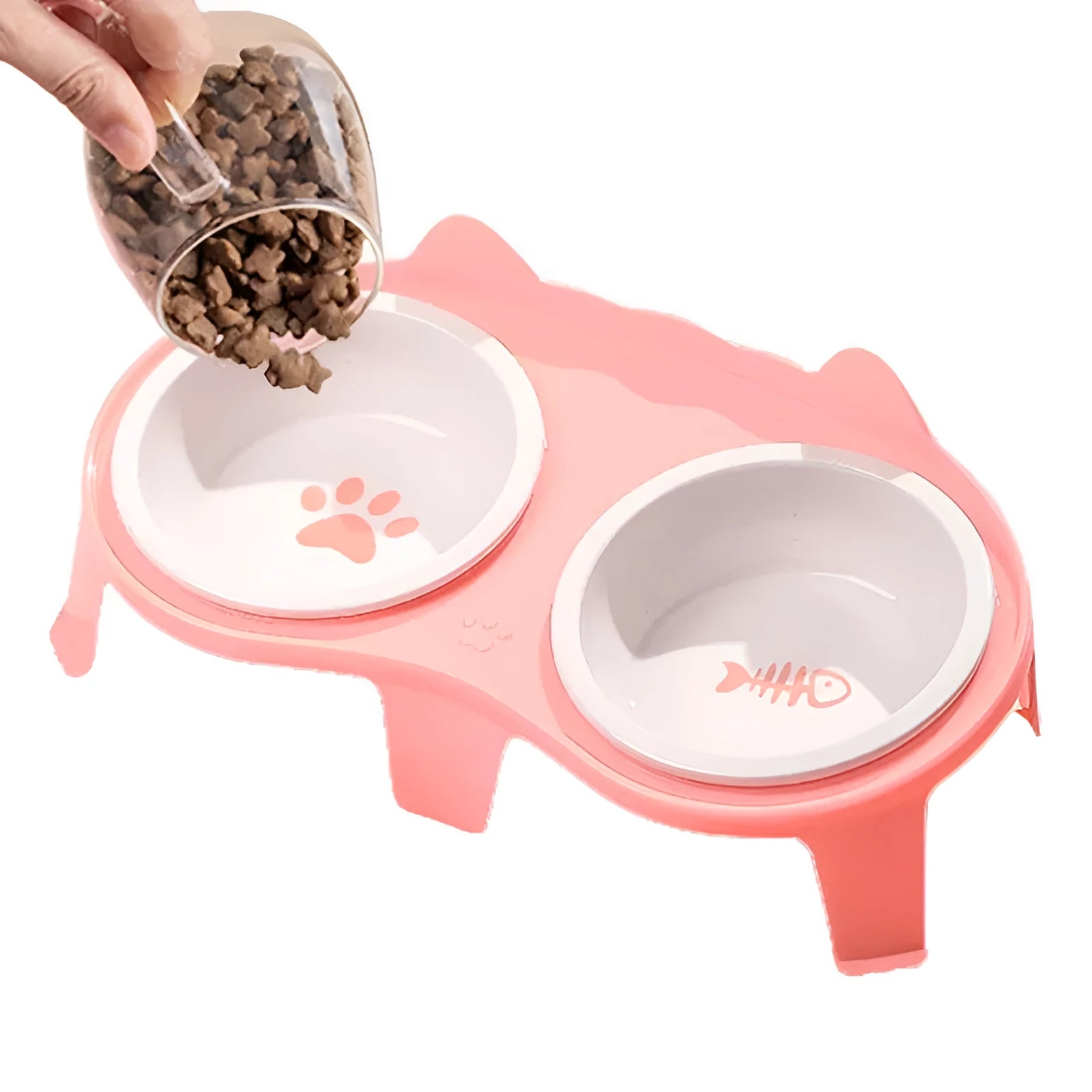 Blue ceramic tilted cat food and water bowls on a white ABS stand with a hook for a water bottle.