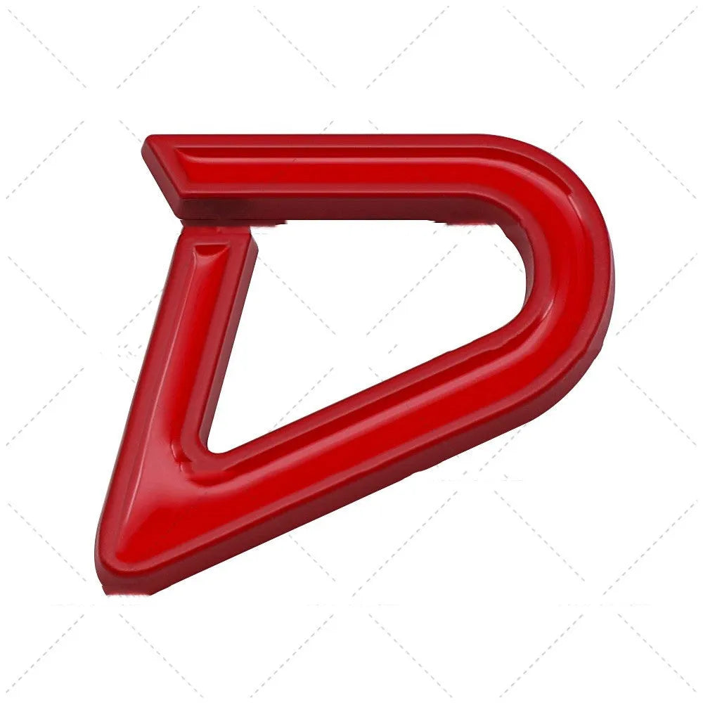 Metal car bumper sticker showing SD pattern in red and silver colours with dimensional raised lettering