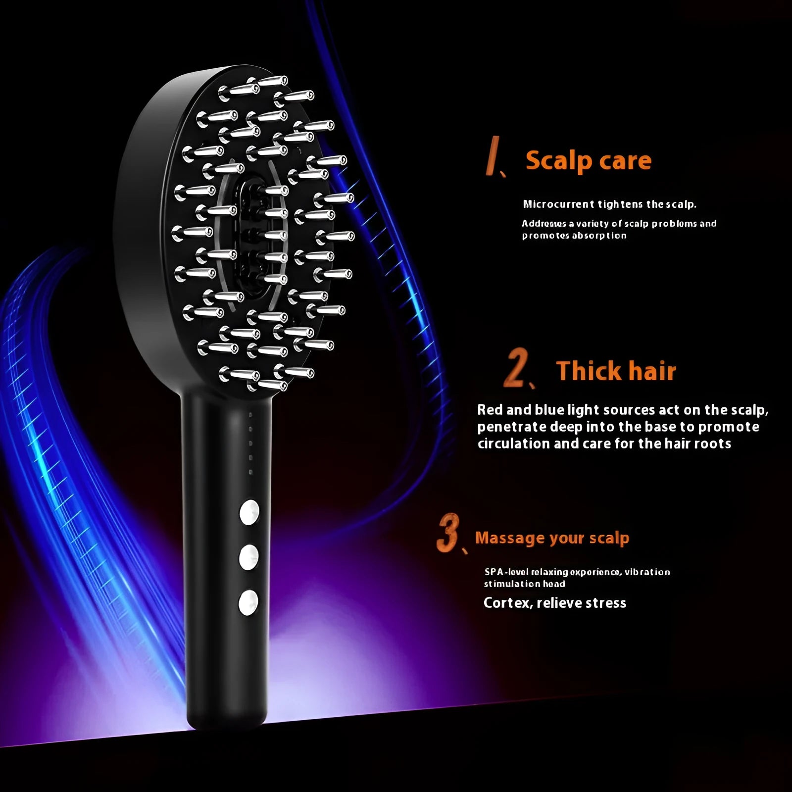 Black rechargeable scalp massager device with vibration function, shown with charging cable.