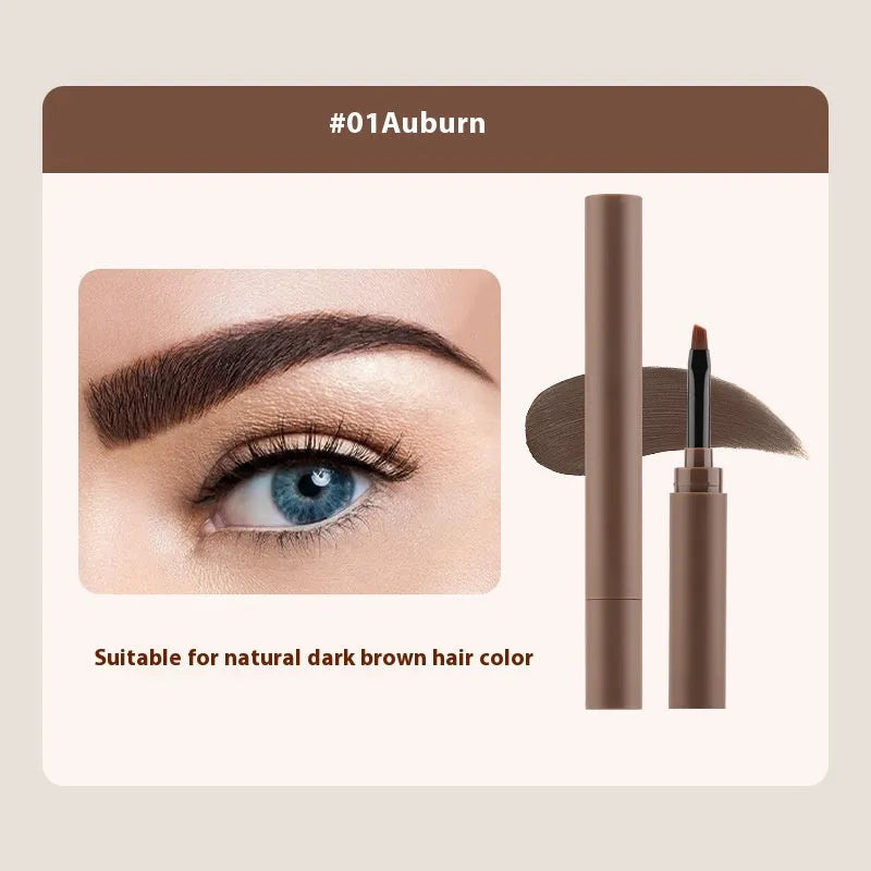 Double-headed eyebrow cream tube shown next to swatches of its five colours: reddish brown, brown, light brown, dark brown, and black.