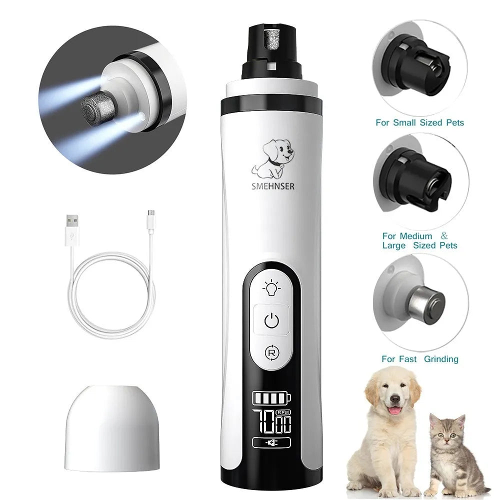 Automatic electric nail grinder for dogs showing digital display, LED indicators, and dust collection system