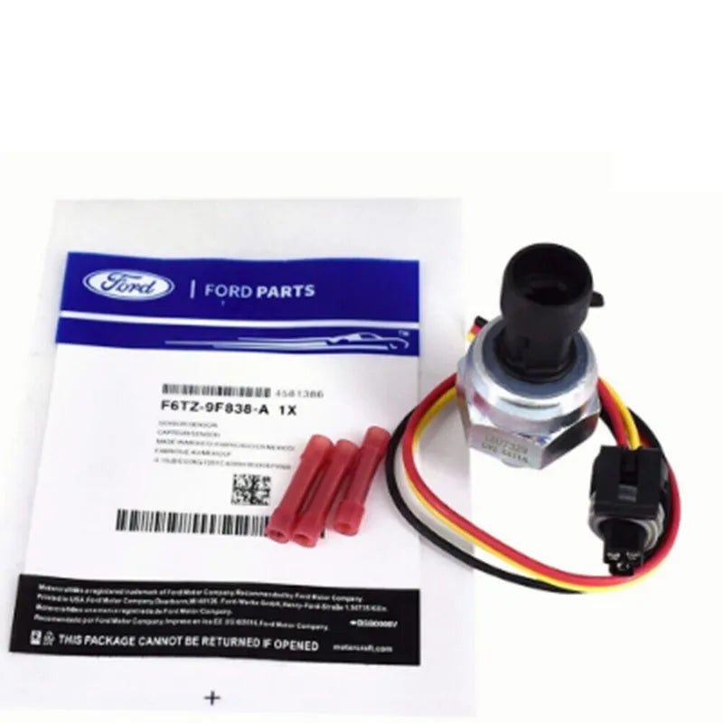 Ford fuel rail pressure sensor part number F6TZ-9F838-A with attached pigtail connector.