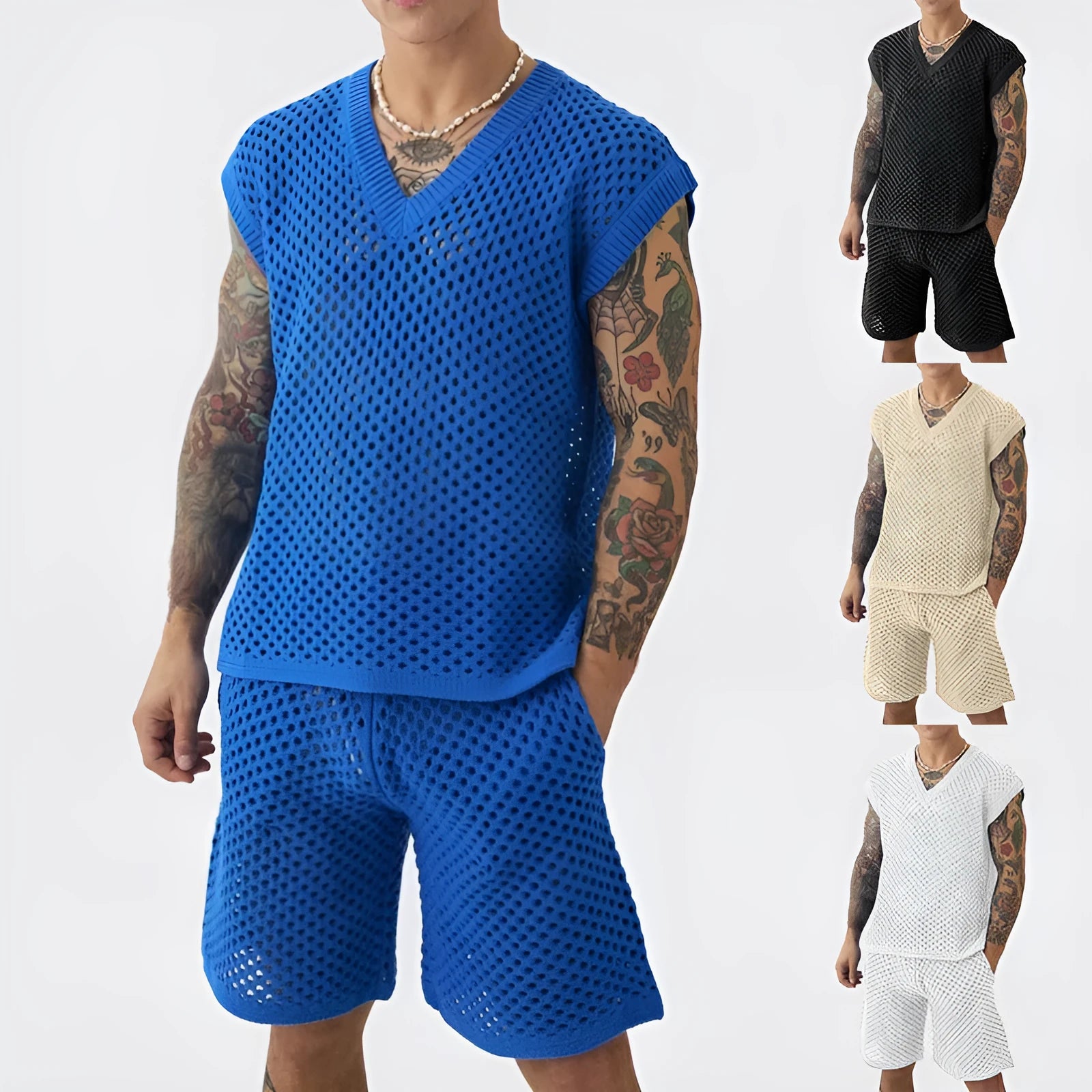 Men's blue cotton v-neck vest and matching shorts summer sports set