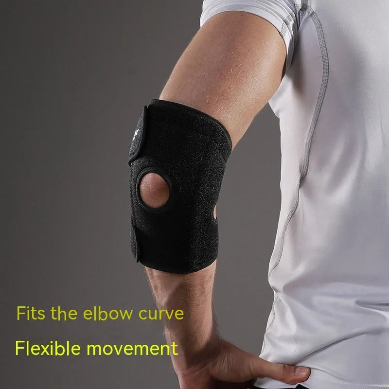 Black adjustable sports elbow guard for badminton, basketball, tennis, and multi-sport protection