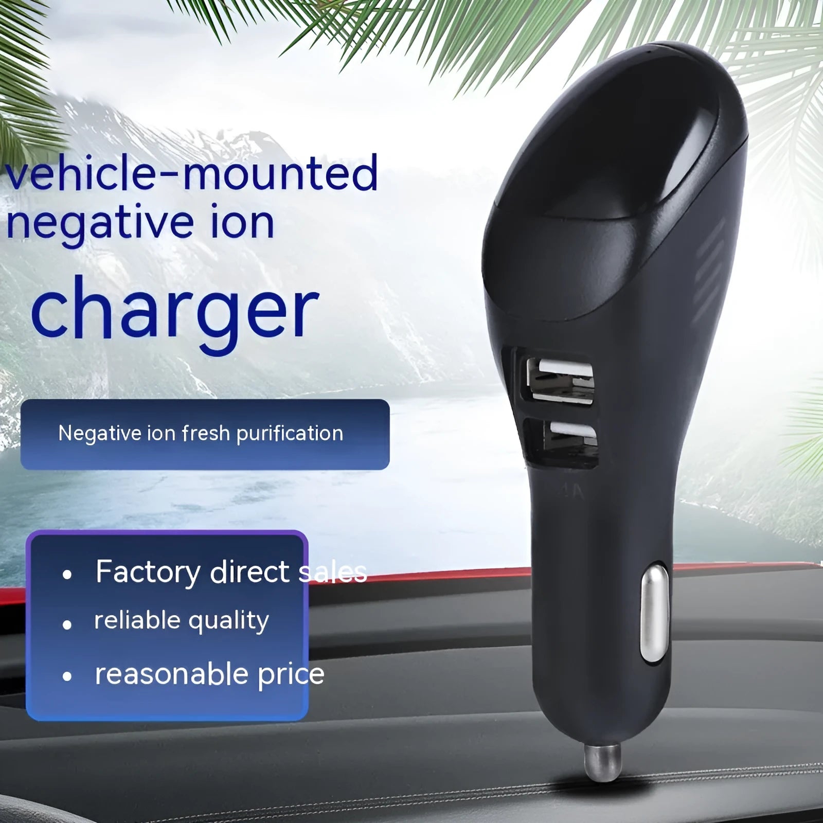 White car USB charger with integrated negative ion air purifier showing dual USB ports