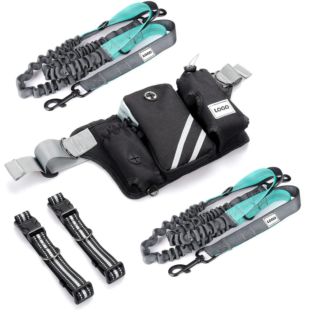 Black waterproof nylon dog walking waist bag set with adjustable leash and matching collar
