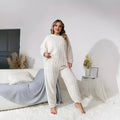 Women's creamy white polyester pants suit with long sleeves and trousers in Japanese Korean casual style