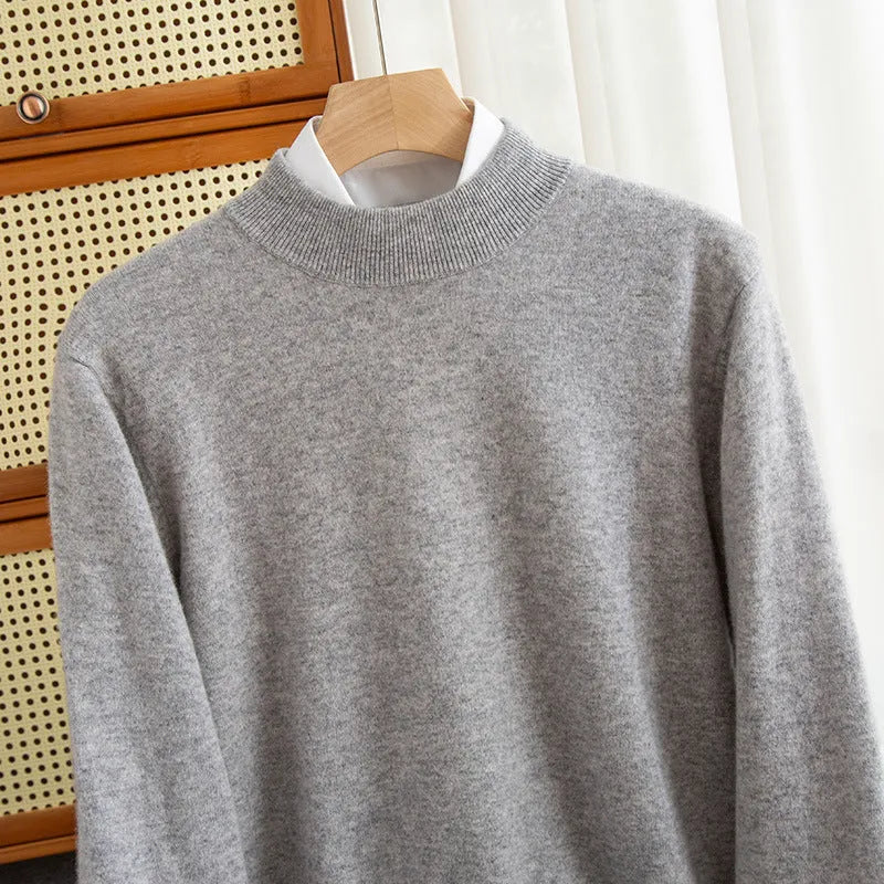 Men's half turtleneck wool sweater in a loose fit, shown in a range of colour options.