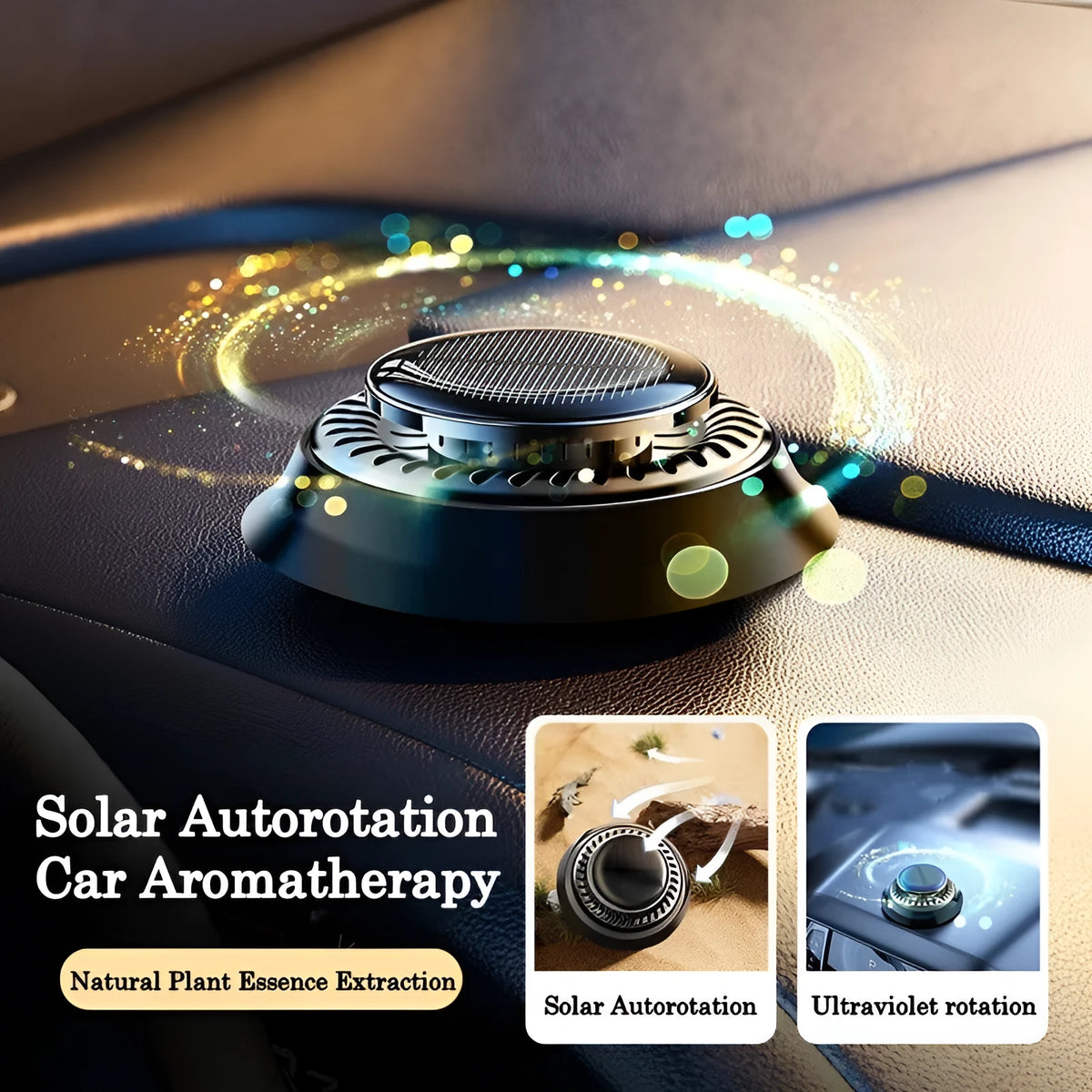Portable solar-powered kinetic car air freshener with rotating double rings for fragrance diffusion