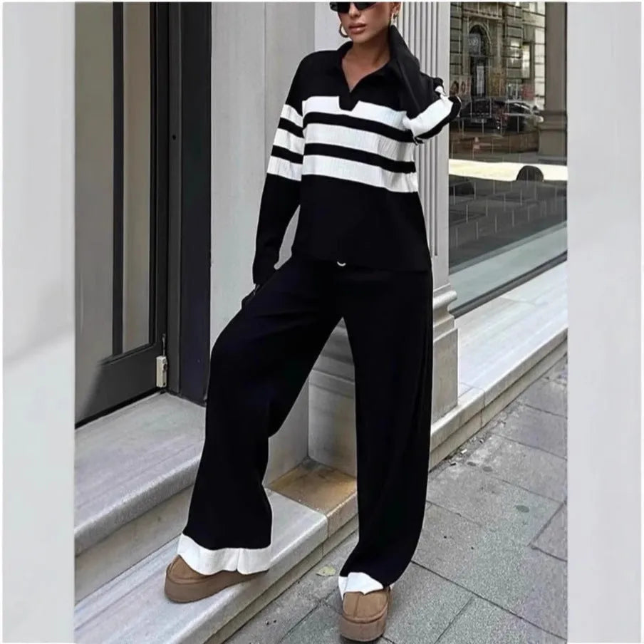 Women's black and white striped polo shirt with contrast collar and matching trousers casual two-piece set