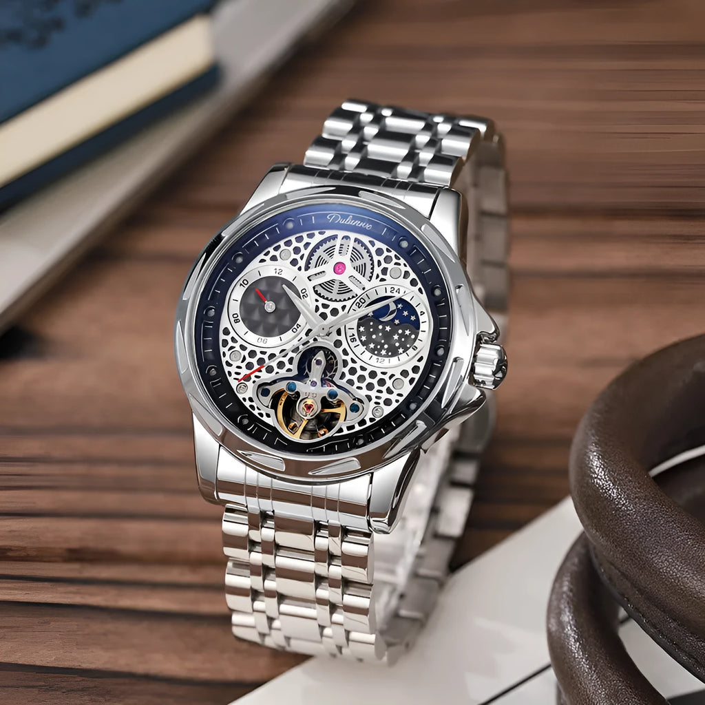 Men's automatic business watch with steel case, available with steel bracelet or leather strap, luminous waterproof features