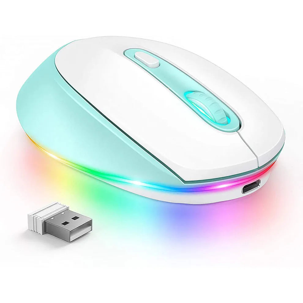24g lightweight wireless ergonomic mouse in various colours next to a USB charging cable