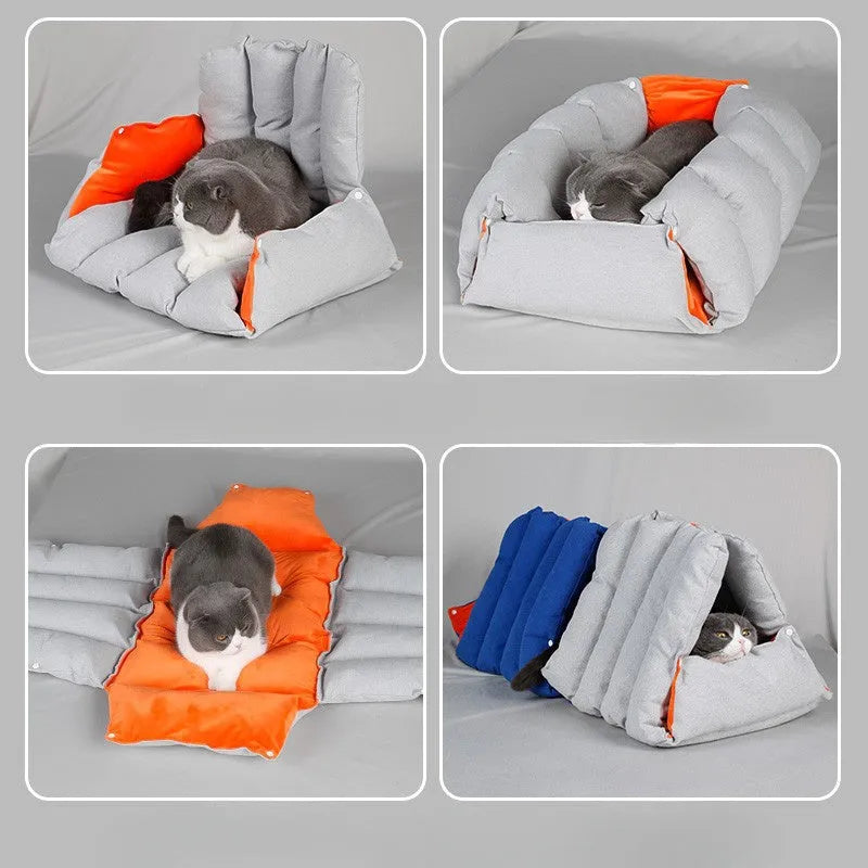 Blue triangular cat bed with drilled holes for modular combination and removable cotton cover