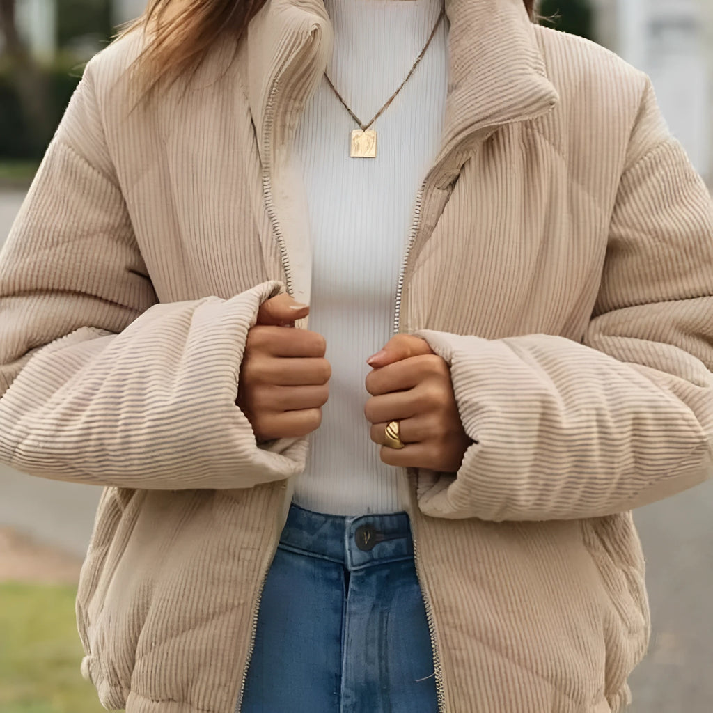 Women's apricot corduroy wadded jacket with stand collar and front zip closure