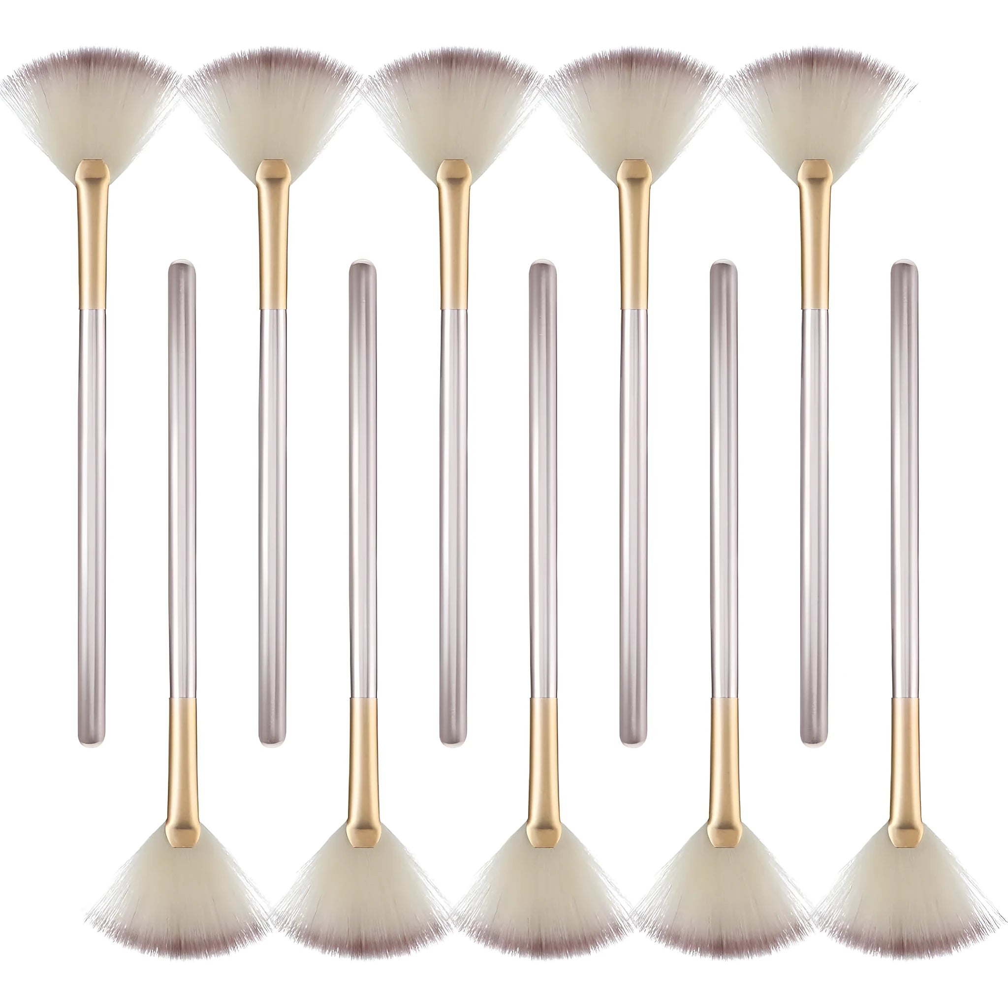 Set of 10 professional facial fan brushes with champagne finish and acrylic handles on a table.