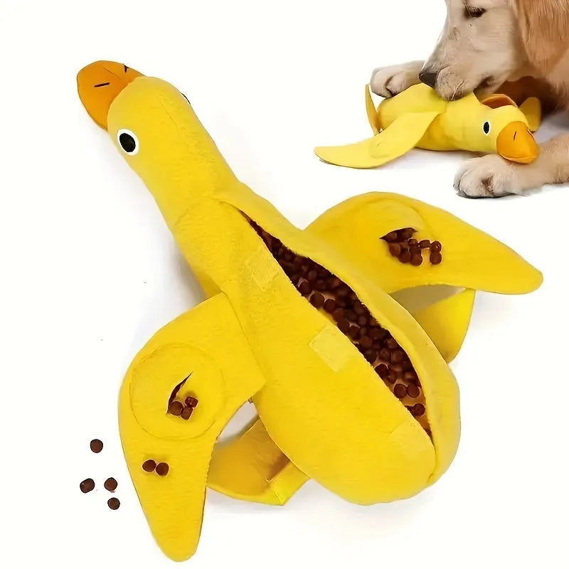 Yellow teddy dog toy with duck sound feature and treat dispensing openings for training