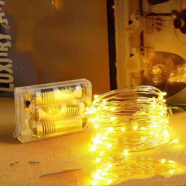 12 metre copper wire LED string lights with battery box in multiple colour options