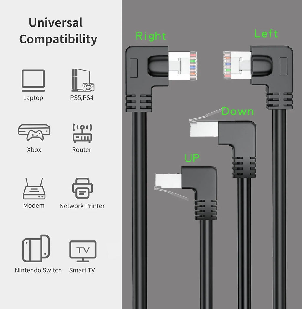 Cat6 Ethernet cable with right-angle metal RJ45 connector in black, shown alongside length and colour options.