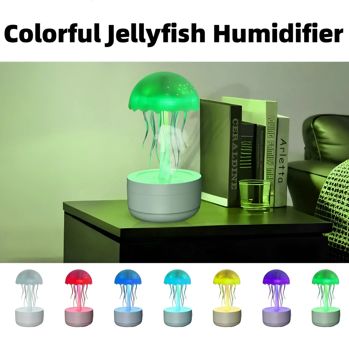 White jellyfish-shaped humidifier and essential oil diffuser with colourful LED lights on a desk.