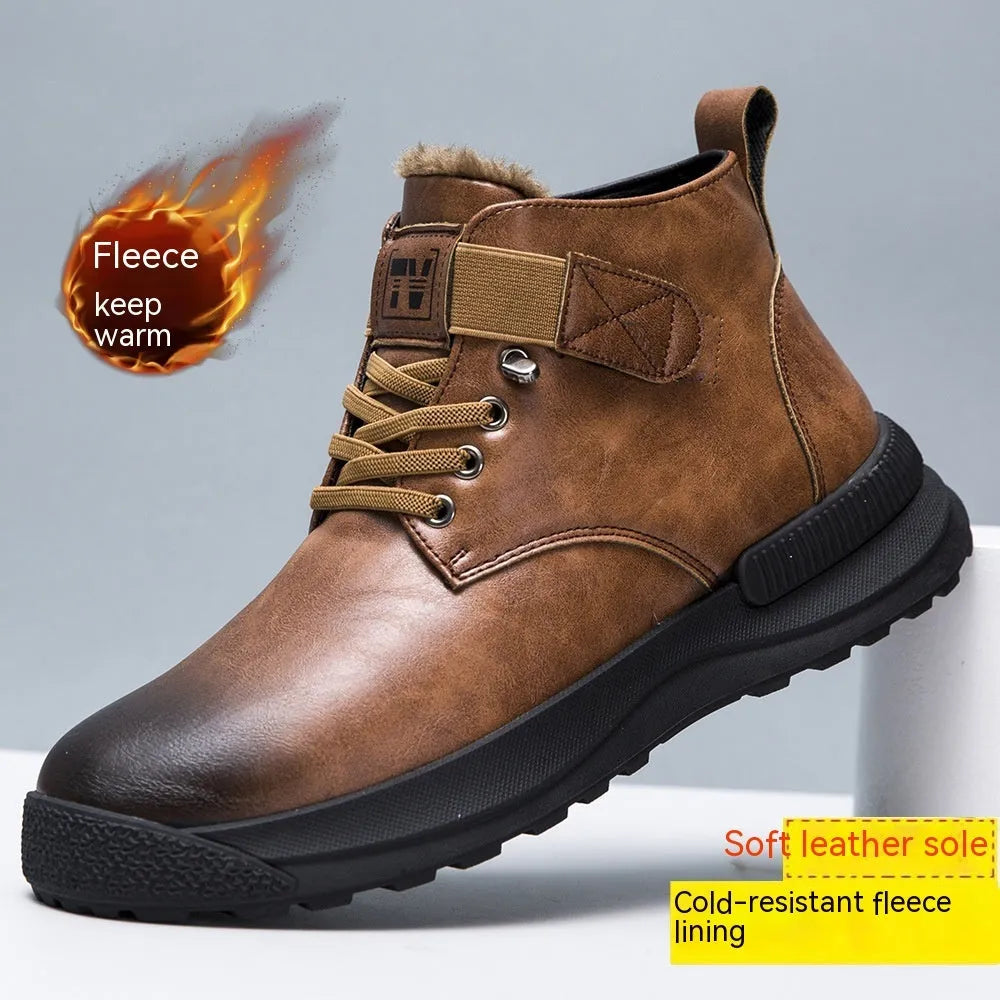 Men's black high-top platform boots with a velvet texture upper and thick rubber sole.