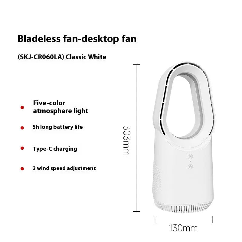 White bladeless tower fan with remote control on floor next to desk
