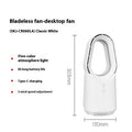 White bladeless tower fan with remote control on floor next to desk
