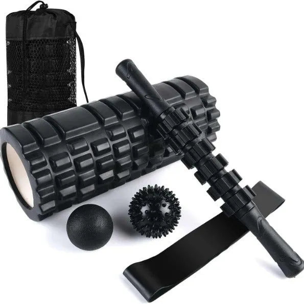 Black six-piece foam massage roller measuring 33cm length for fitness and health applications