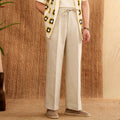Women's linen high waist trousers with elasticated waistband in navy blue, straight-leg cut with lace detail
