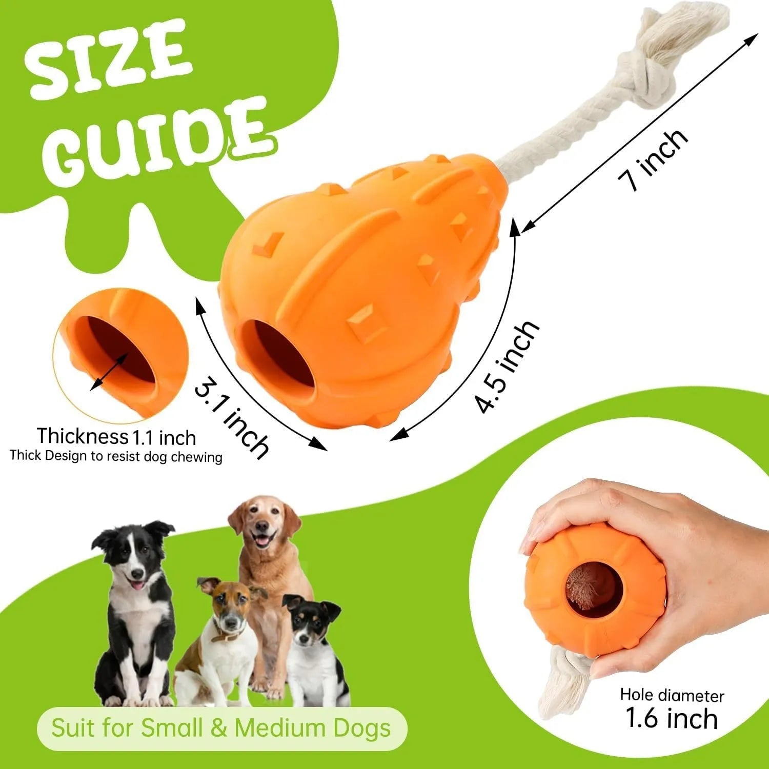 Natural rubber stuffable dog toy with treat hole and strap for small medium breed dogs.