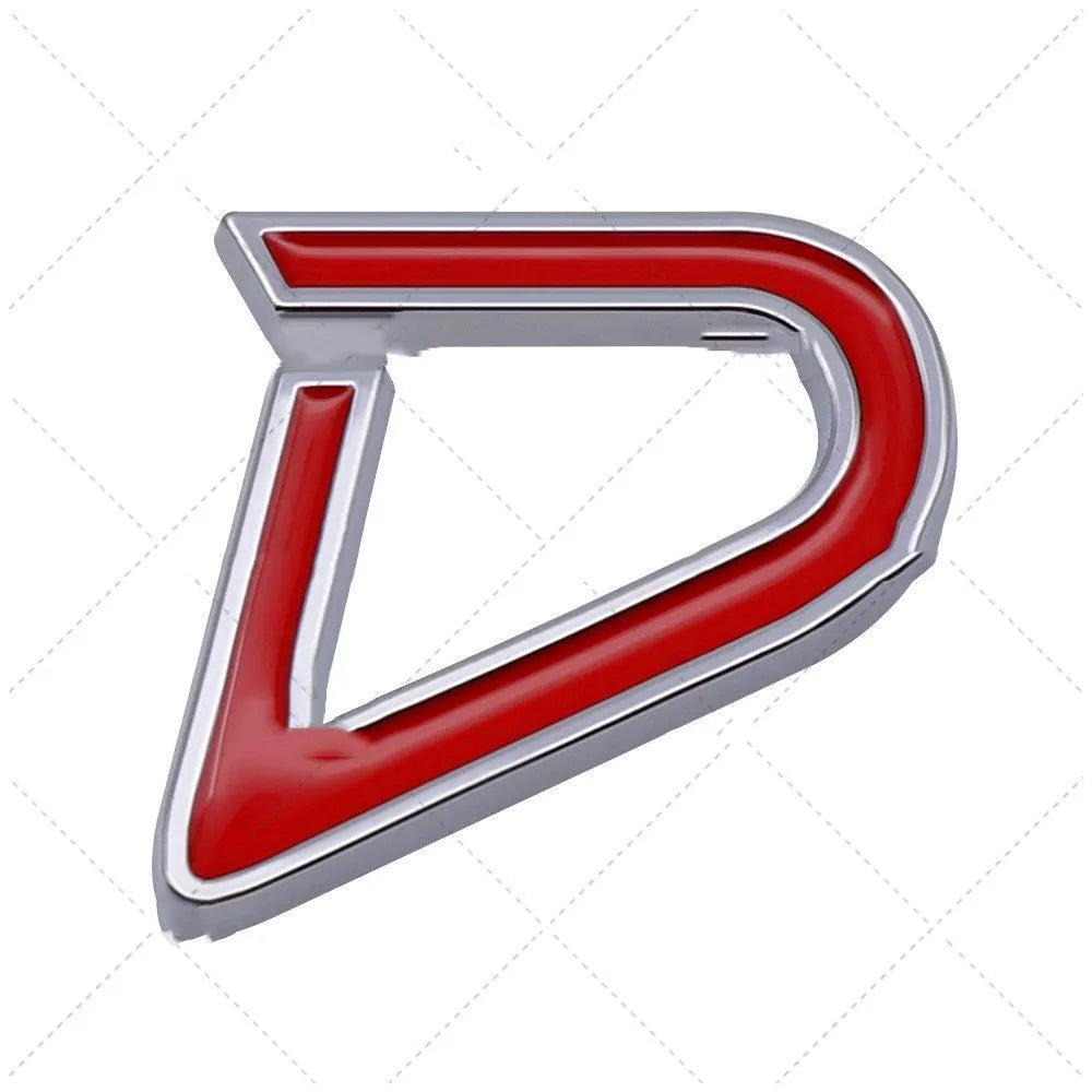 Metal car bumper sticker showing SD pattern in red and silver colours with dimensional raised lettering