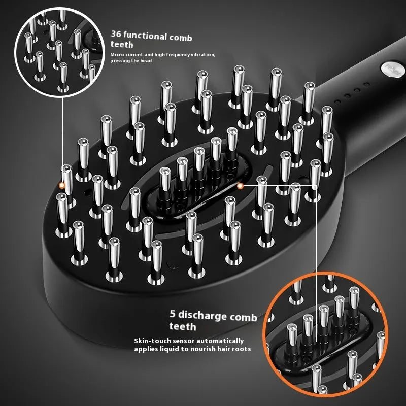 Black rechargeable scalp massager device with vibration function, shown with charging cable.
