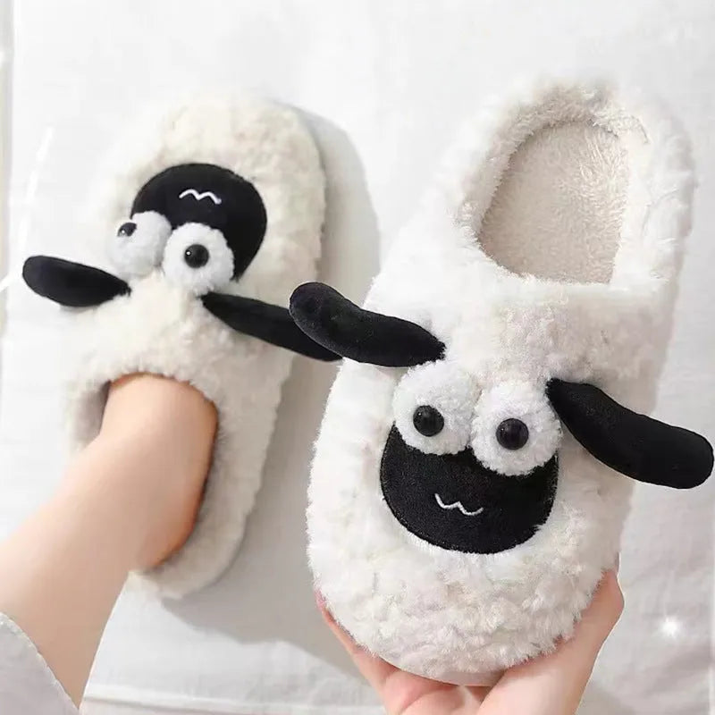 Simple lamb thermal cotton slip-on slippers in brown, grey, or white with a suede upper.