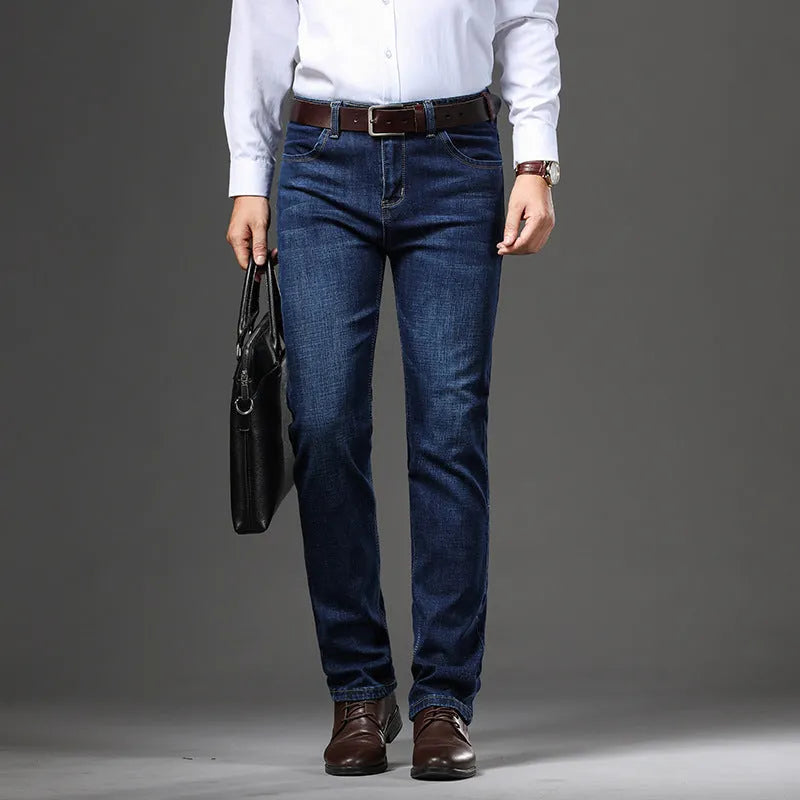 Black and blue loose fit stretch jeans straight-leg trousers on a hanger
