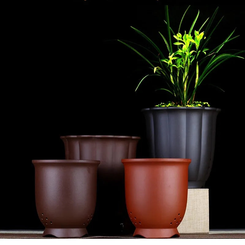 Round ceramic desktop flower pot with four drainage holes for phalaenopsis, asparagus fern or bonsai, in black, purplish red or burgundy